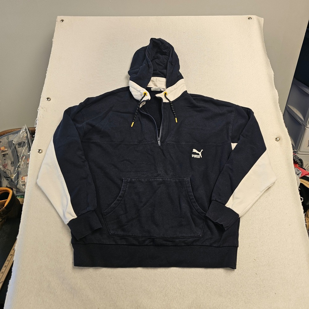 Puma Mens Quarter Zip Hoodie Navy Blue White Colorblock Sweatshirt Large